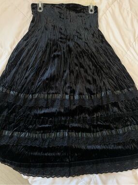 Black Crushed Velvet Midi Skirt with Lace Trim. Made in France.